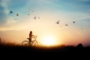 Person standing with bicycle on road of paddy field among flying birds and sunset background