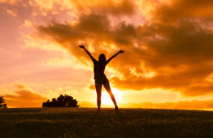 Rear view of person silhouetted against sunset sky in field