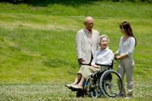 An elderly woman in a wheelchair stops in a grassy field. She is speaking with a young woman and senior man.