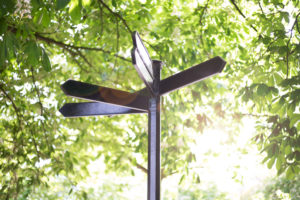 Metal signpost under tree with signs pointing in several directions