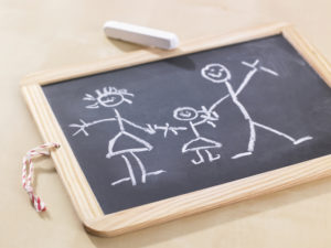 Close-up of a child's drawing on a chalkboard depicting a family