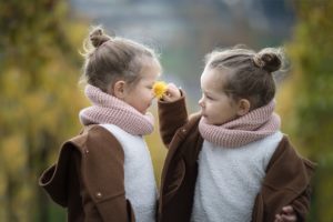 Twin toddlers stand next to each other, playing with a dandelion