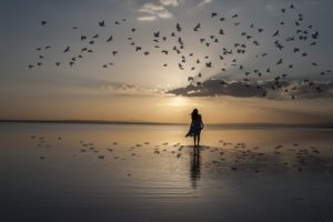 Woman walking on beach at sunrise surrounded by flying birds.