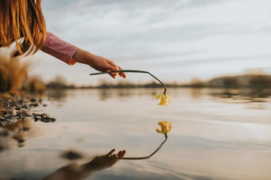 Young person's hand holding a daffodil over still water
