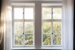 Inside view of windows with curtains