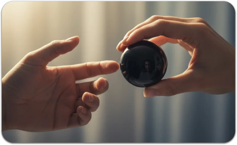 7 Narcissistic Relationship Patterns That Lead to Emotional Avoidance 2 Two hands reaching toward a black reflective sphere, symbolizing self-reflection and emotional clarity in healing from narcissistic relationship patterns.