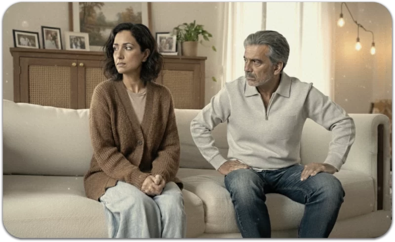 A couple sitting on opposite sides of a couch, avoiding eye contact during an argument, illustrating narcissistic relationship patterns.