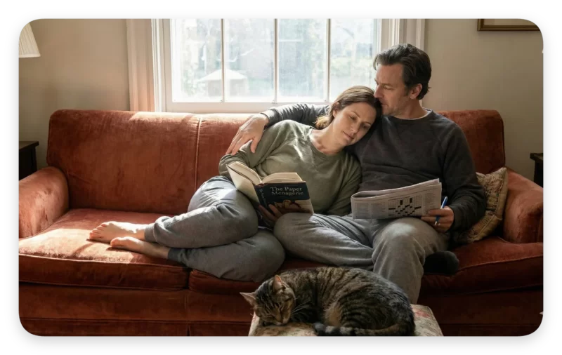 How Feeling Safe Heals Your Brain: 5 Ways Interpersonal Neurobiology Explains It 2 Couple cuddling on couch, woman reads 'The Paper Menagerie', man does crossword, cat sleeps nearby, embodying interpersonal neurobiology.