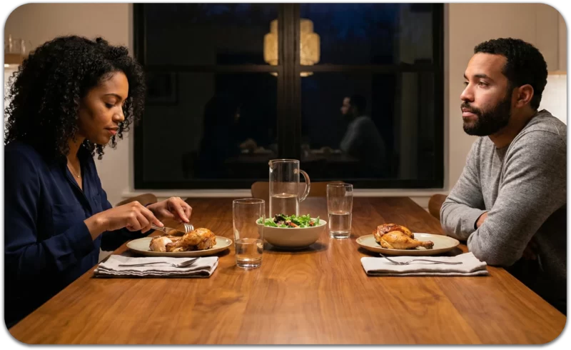 A couple sits silently across from each other at the dinner table, showing emotional distance and feeling lonely in a relationship even while sharing daily routines.