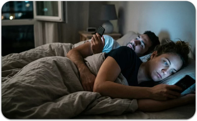 A couple lies in bed facing their phones instead of each other, illustrating digital distraction and feeling lonely in a relationship during everyday moments.