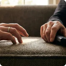 Close-up of two hands almost touching on a couch, capturing the subtle emotional gap and feeling lonely in a relationship.