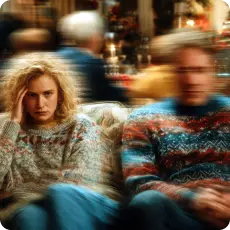 Woman feeling overwhelmed on the couch in the middle of holiday family conflict