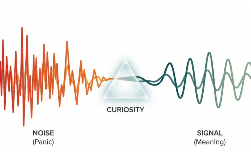 Illustration showing chaotic red noise (panic/anxiety) passing through a curiosity prism to become clear green signal (meaning).