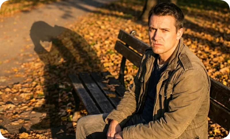 Man on a park bench in autumn, his shadow showing signs of distress, highlighting anxiety as a signal for deeper issues.