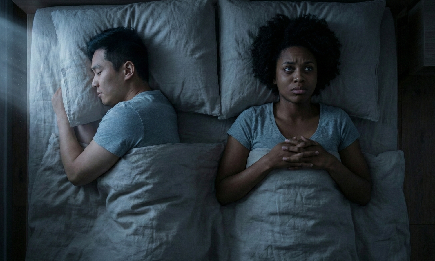 hero-img-01 Anxious woman wide awake in bed next to a sleeping man, reflecting self-doubt in relationships and emotional distance.