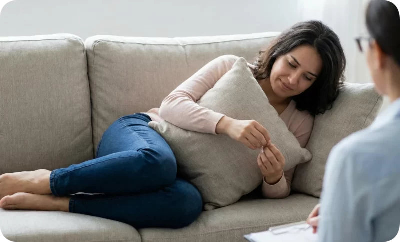 Why Therapy Feels Hard When You’re the One Who’s Always “Fine” 2 Woman on couch holding pillow, appearing pensive during a therapy session, illustrating why therapy feels hard.