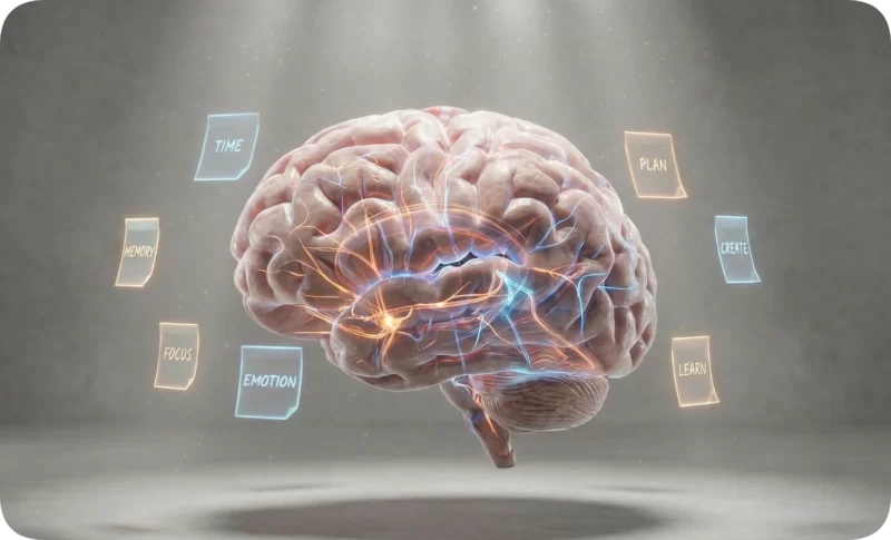 3D brain rendering with glowing neural pathways and floating notes for memory, focus, emotion, crucial for understanding ADHD in therapy.