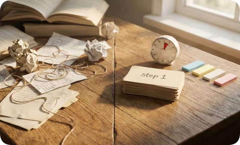 Desk setup showing strategies for ADHD in therapy: a timer, "step 1" cards, and sticky notes for task management amidst books and crumpled paper.