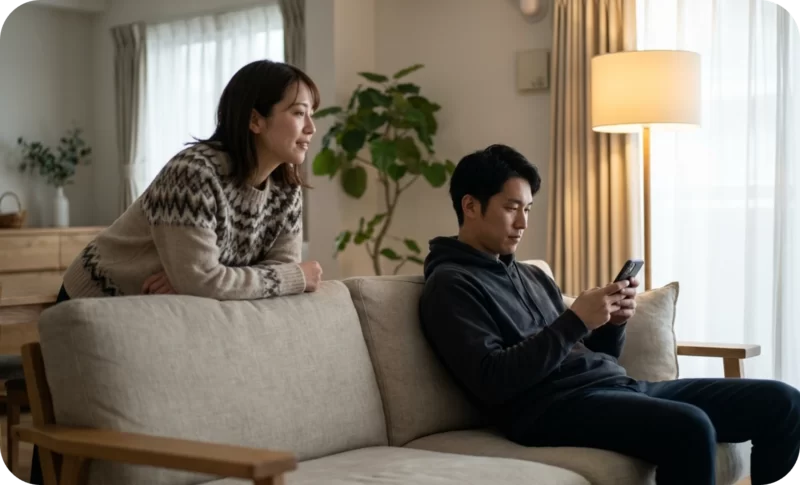 Falling for a Partner’s Potential: Red Flags, Risks & Reality Checks 1 Asian woman leans on sofa, looking right, while Asian man sits next to her, focused on smartphone in a bright living room, concerned about her partner’s potential
