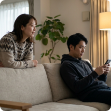 Focus picture of an Asian woman leaning on sofa, looking right, while an Asian man sits next to her, focused on smartphone in a bright living room, concerned about her partner’s potential