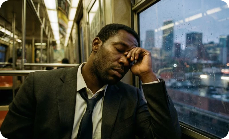 Exhausted Black man on subway, hand on face, rainy window, city blur. A visual metaphor for black mental health fatigue.
