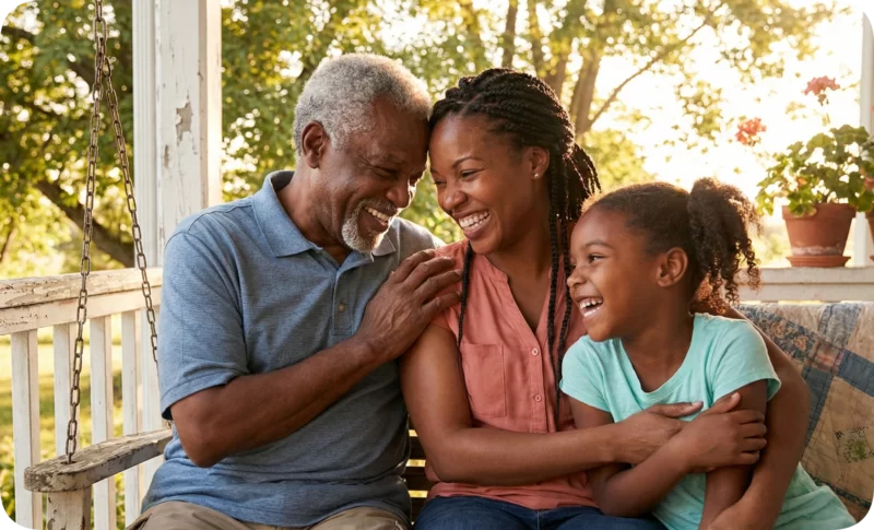 A Black grandfather, mother, and daughter laugh joyfully on a porch swing, embodying positive black mental health and strong family bonds.