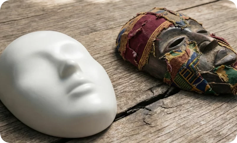 A plain white mask and a detailed African tribal mask with colorful fabric on rustic wood, symbolizing identity and black mental health.