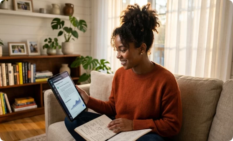 Confident woman learning AI tools at her desk, overcoming AI anxiety in the workplace