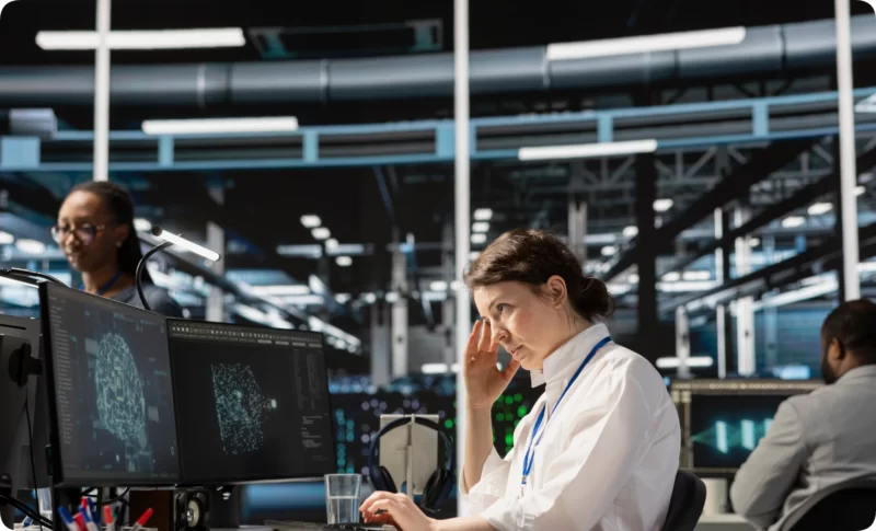 Female AI engineer experiencing stress and anxiety while working in a busy tech hub environment