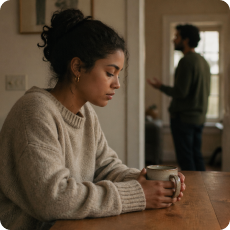 Conceptual editorial illustration depicting gaslighting in relationships and the distortion of a shared reality - a couple