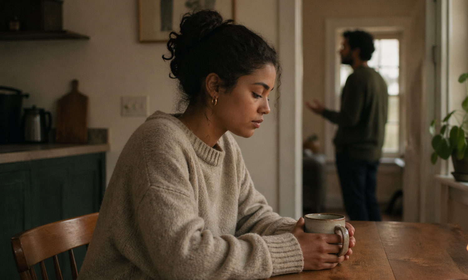 Woman sitting alone at a kitchen table looking pensive while her partner stands in the background, illustrating the quiet self-doubt of gaslighting in relationships