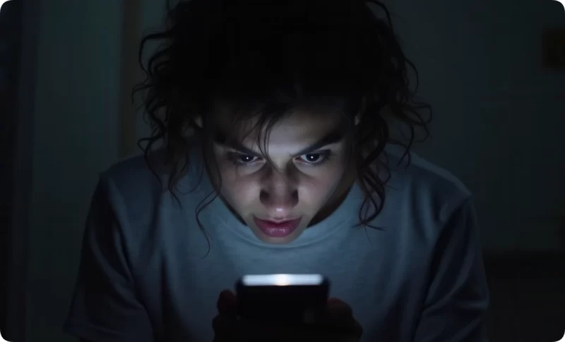 Woman with curly hair staring intensely at her phone screen in a dark room, face illuminated by blue light, depicting the compulsive nature of doomscrolling and news anxiety