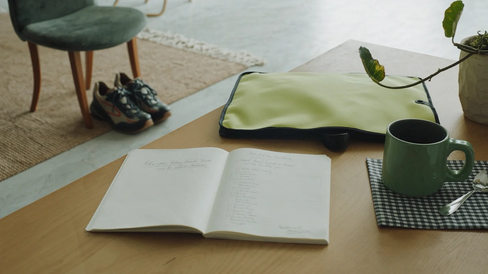 Pain journal, heating pad, walking shoes, and tea showing chronic pain cycle pacing tools