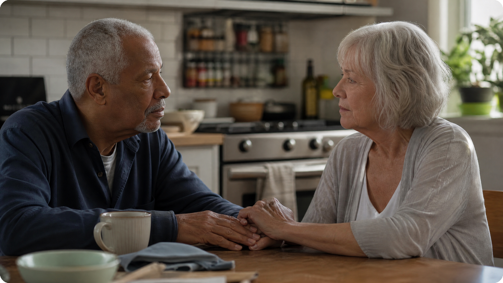 Older couple holding hands at a kitchen table, representing couples therapy after 70