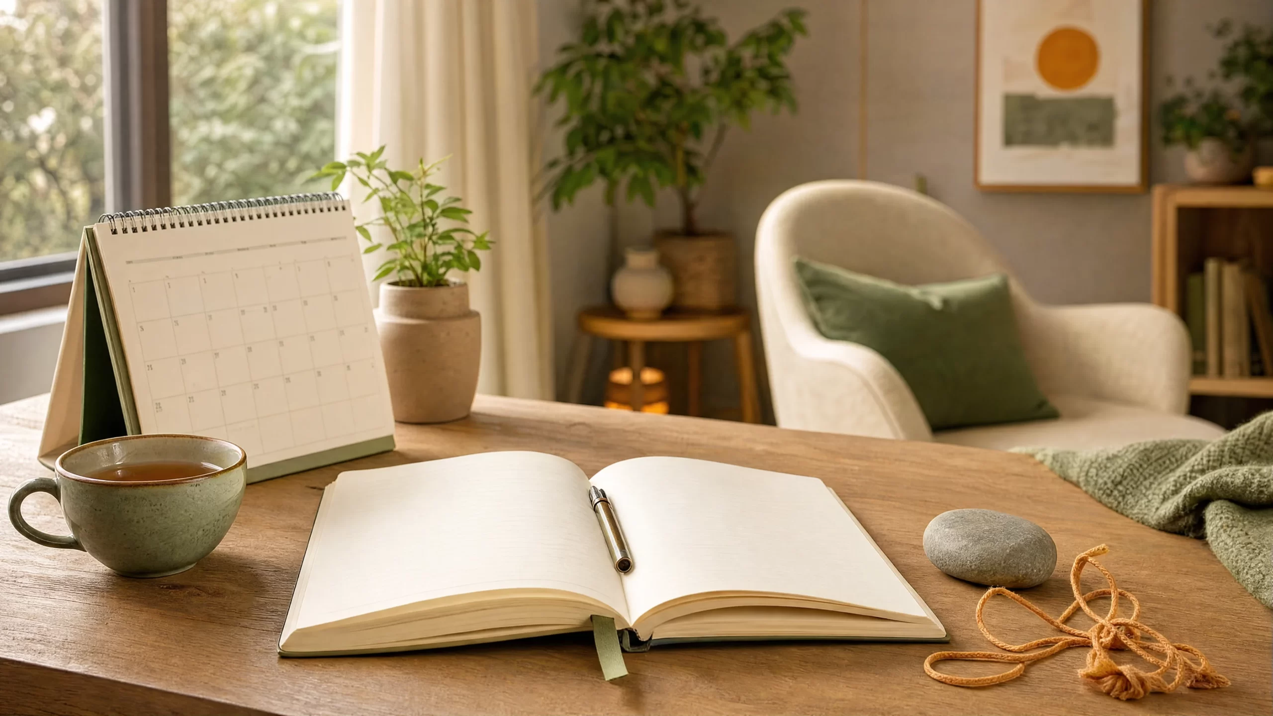 High functioning anxiety calm workspace with notebook, calendar, tea, and loosened knot