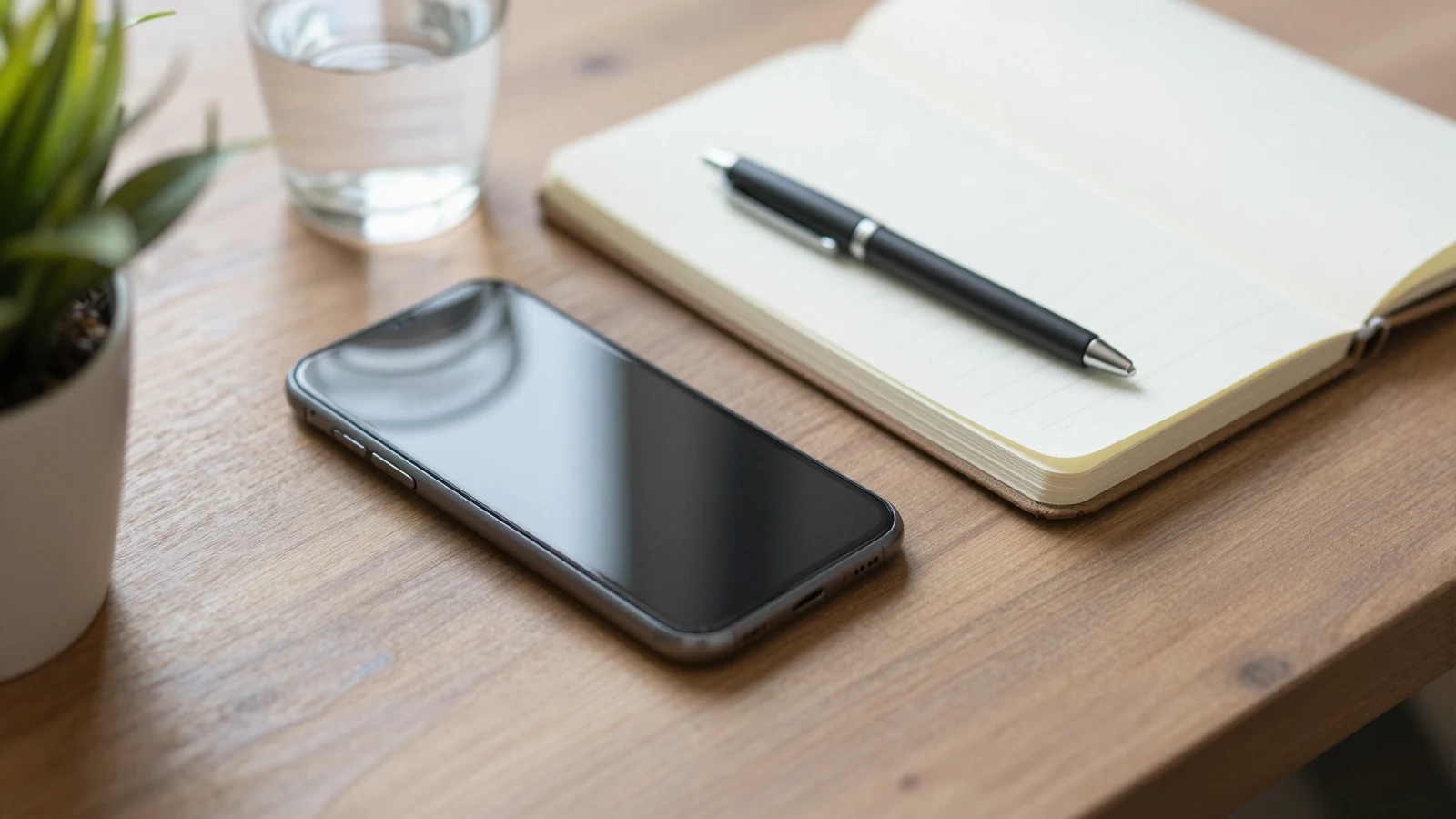 Phone beside a journal, pen, water, and plant, representing a calmer boundary with social media