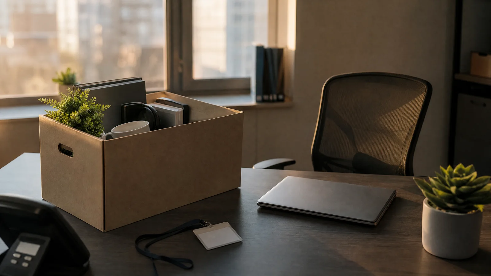 Workplace Grief After a Toxic Job: Why It Hurts and How to Heal 2 A packed box on an empty office desk, representing grief after leaving a toxic workplace