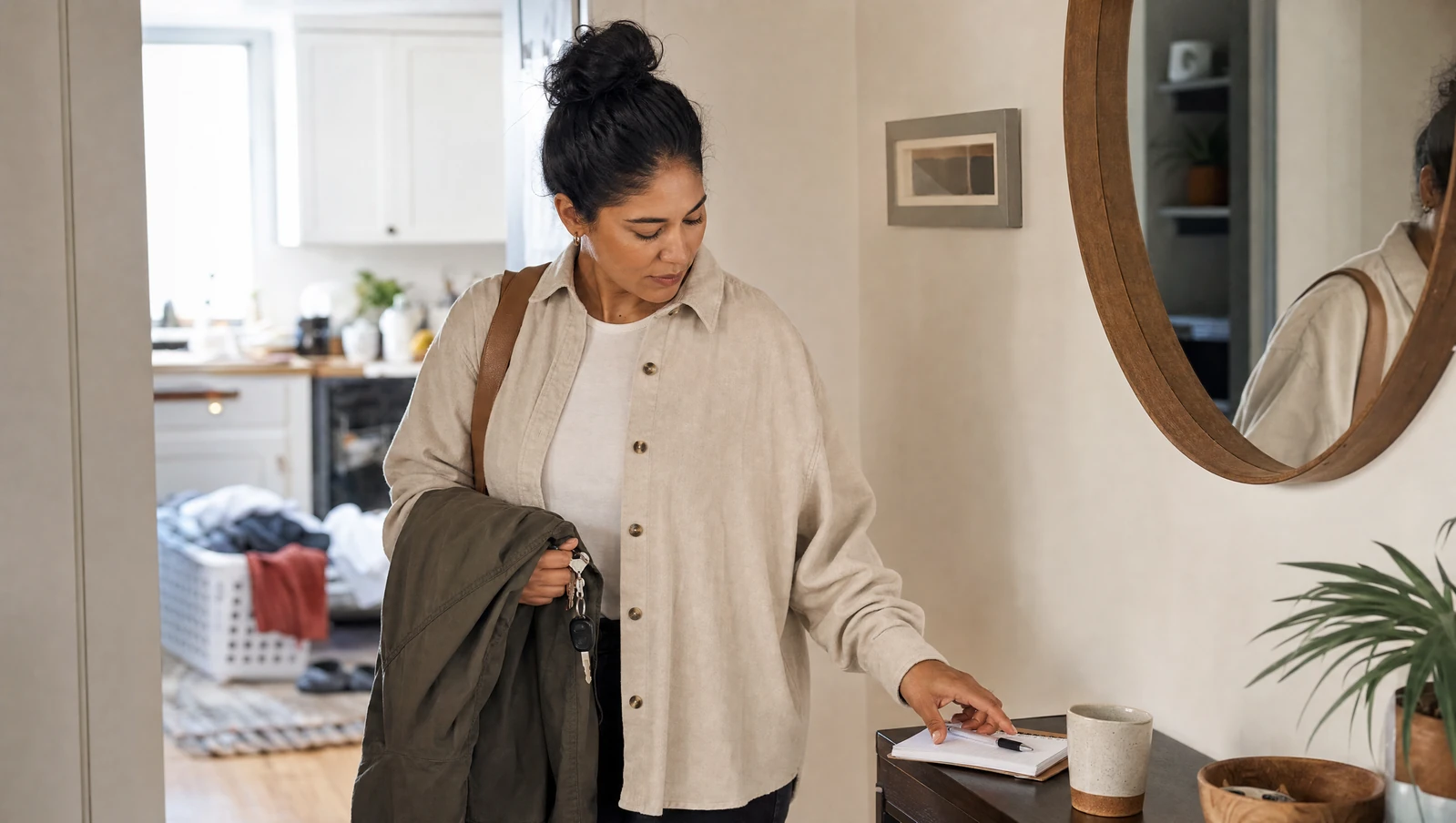 Adult pausing with keys and a checklist before leaving home, reflecting awareness of patterns