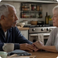 Older couple facing each other and holding hands, representing couples therapy after 70