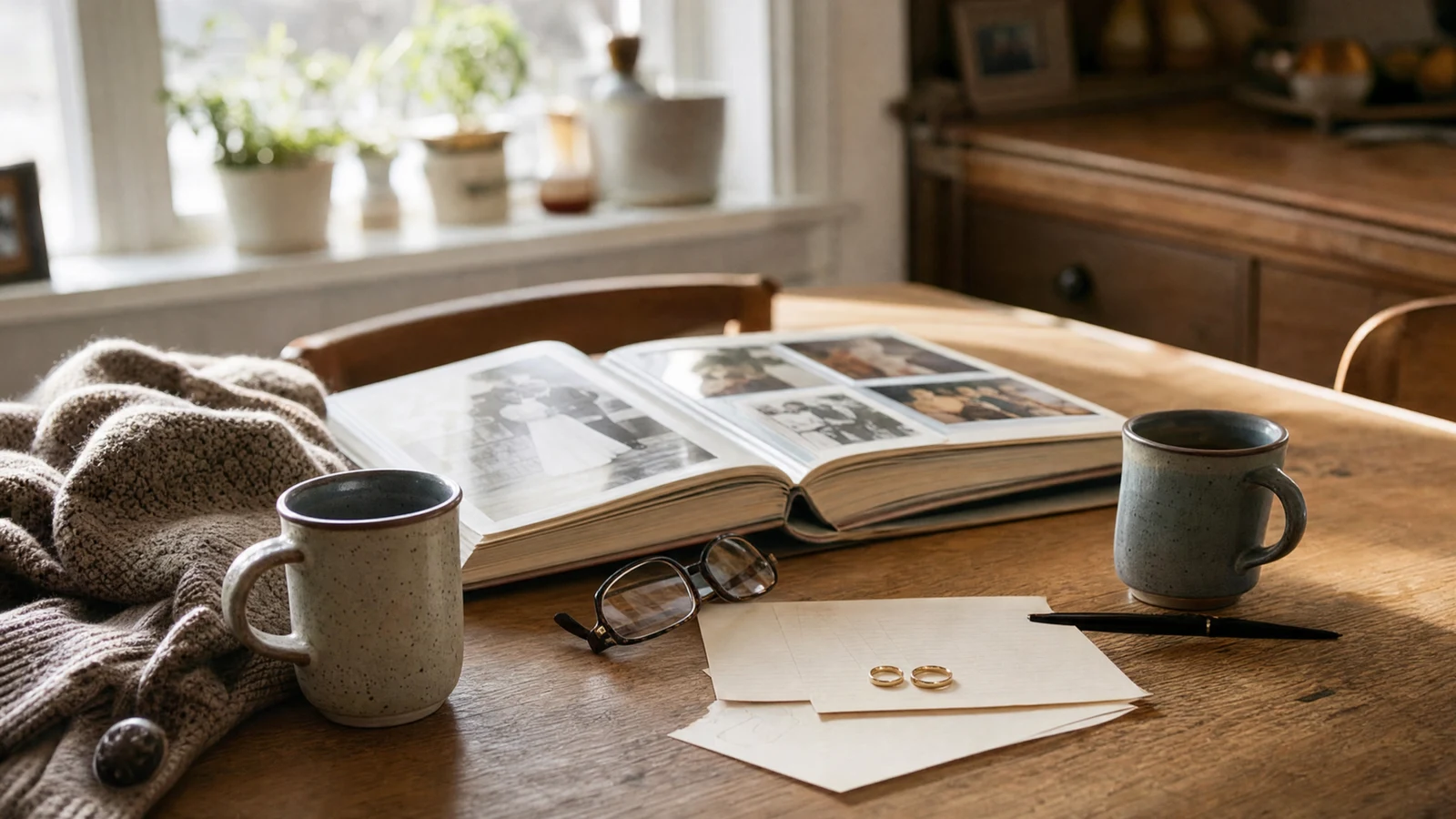 Couples Therapy After 70: Love, Growth, and Repair 2 Photo album, mugs, reading glasses, and wedding rings representing couples therapy after 70