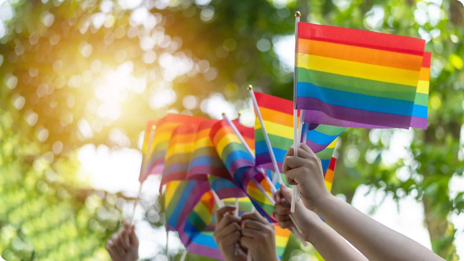 LGBTQ+ Affirming Therapy Is More Than Acceptance. Here’s Why 1 Pride flags raised in daylight for an article about LGBTQ+ affirming therapy and emotional safety.