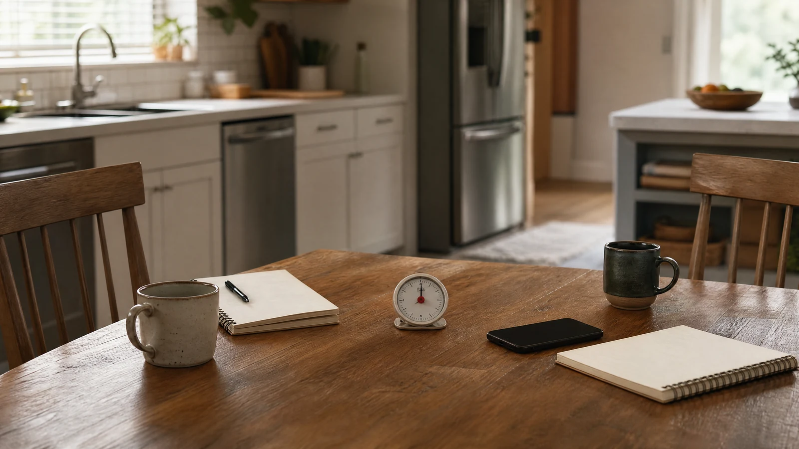Perimenopause and Marriage: When Midlife Feels Like a Relationship Crisis 2 A table with mugs, notebooks, and a timer for a perimenopause and marriage conversation plan