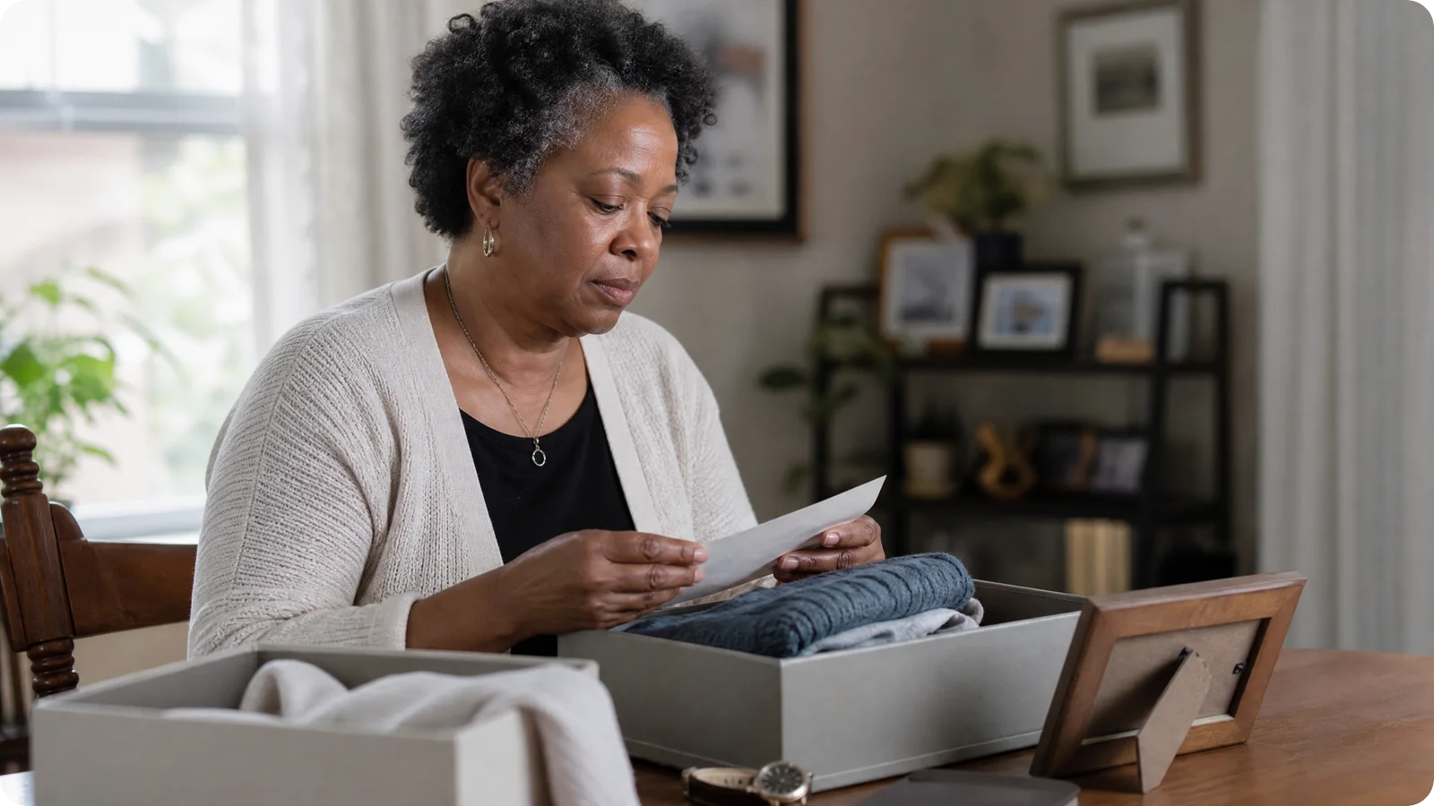 Grief and Belongings After Loss: Gentle Ways to Sort What Remains 1 A woman looking at a photograph while sorting clothing and meaningful belongings