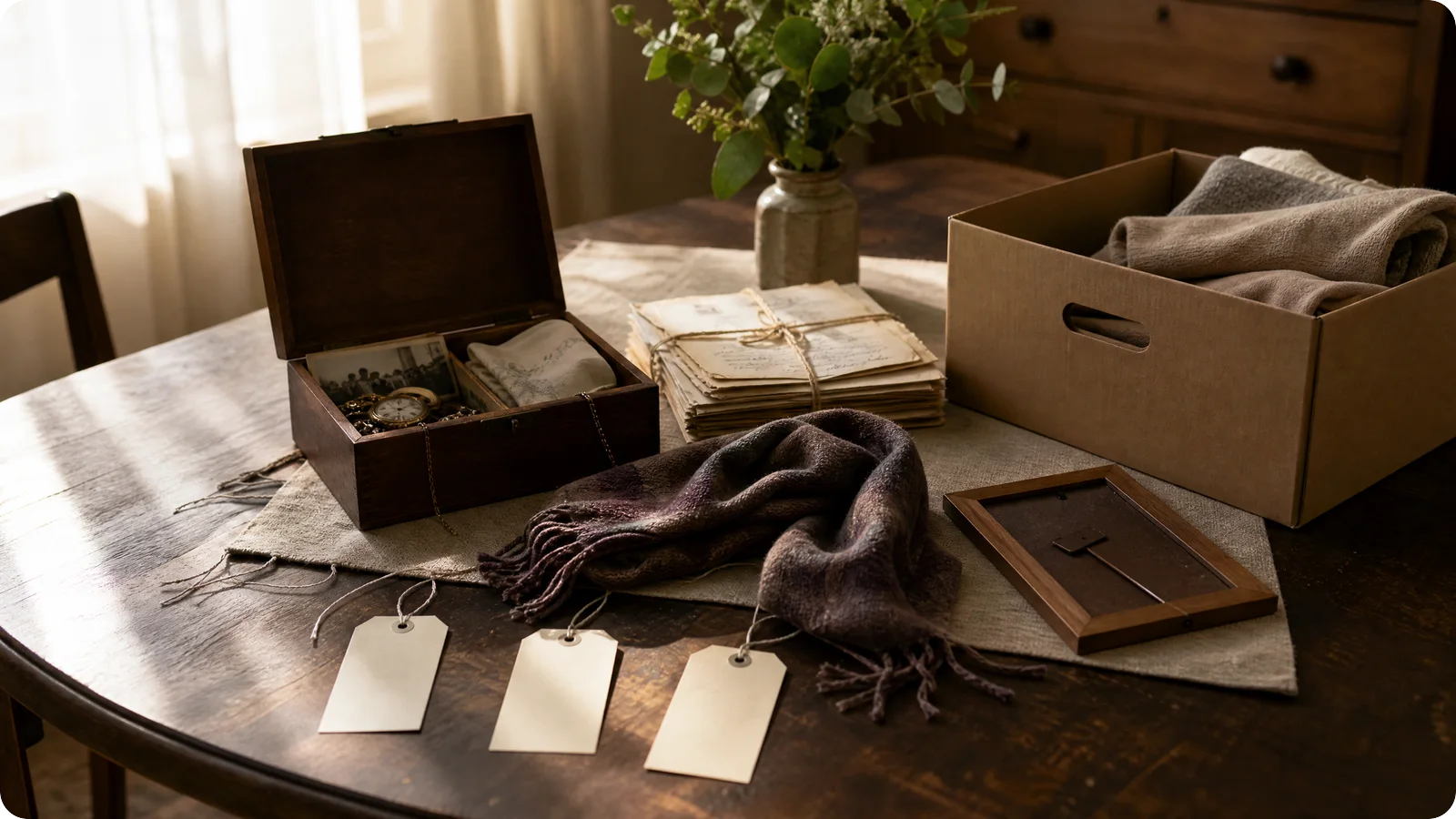 Grief and Belongings After Loss: Gentle Ways to Sort What Remains 2 Letters, photographs, a keepsake box, and folded clothing arranged for sorting