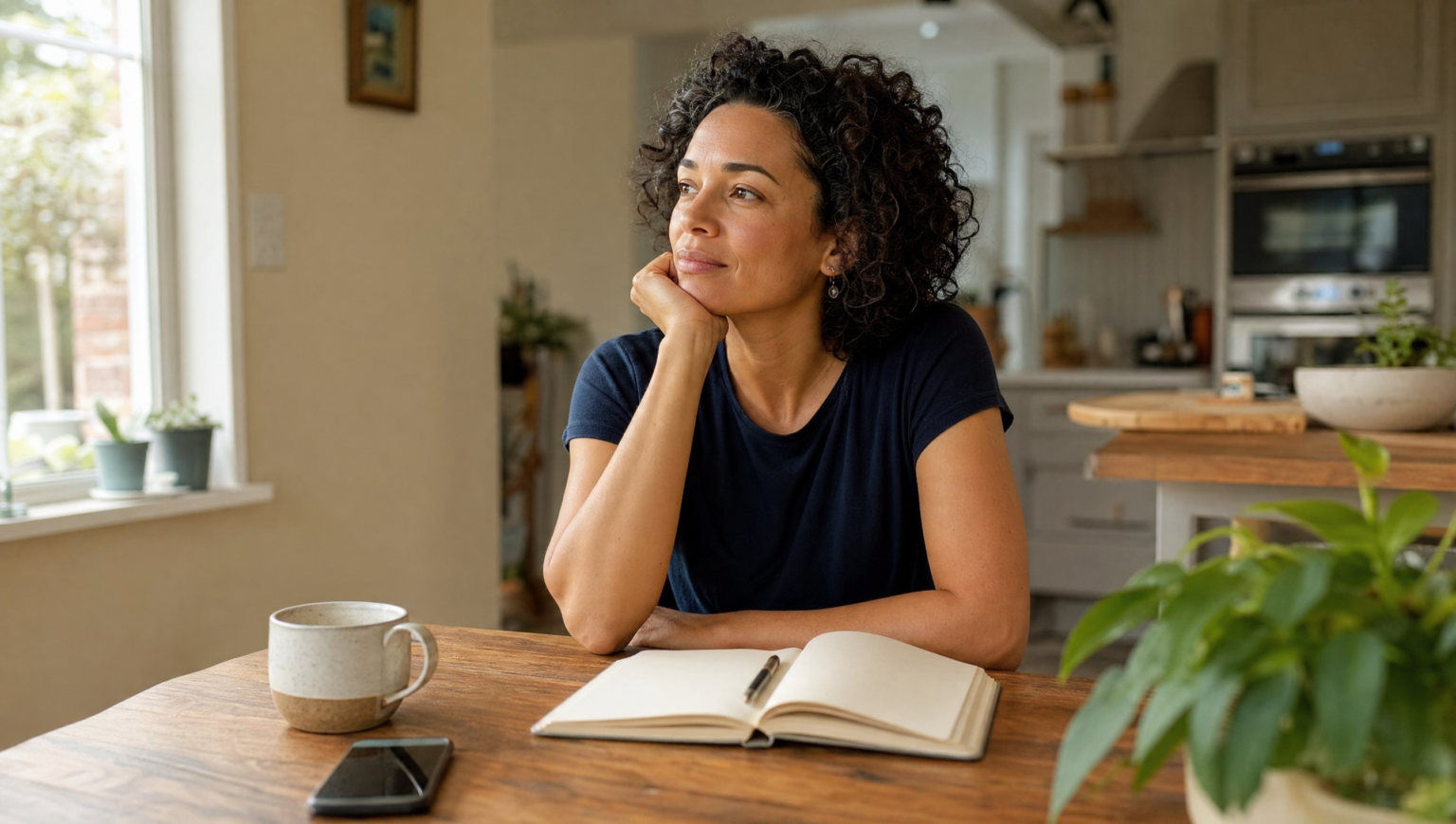 A reflective woman sitting at a kitchen table with an open notebook and phone