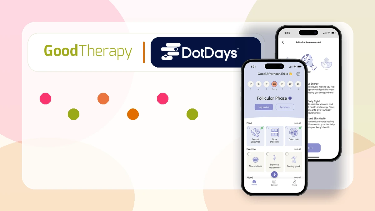 GoodTherapy and DotDays partnership image with DotDays cycle app screens