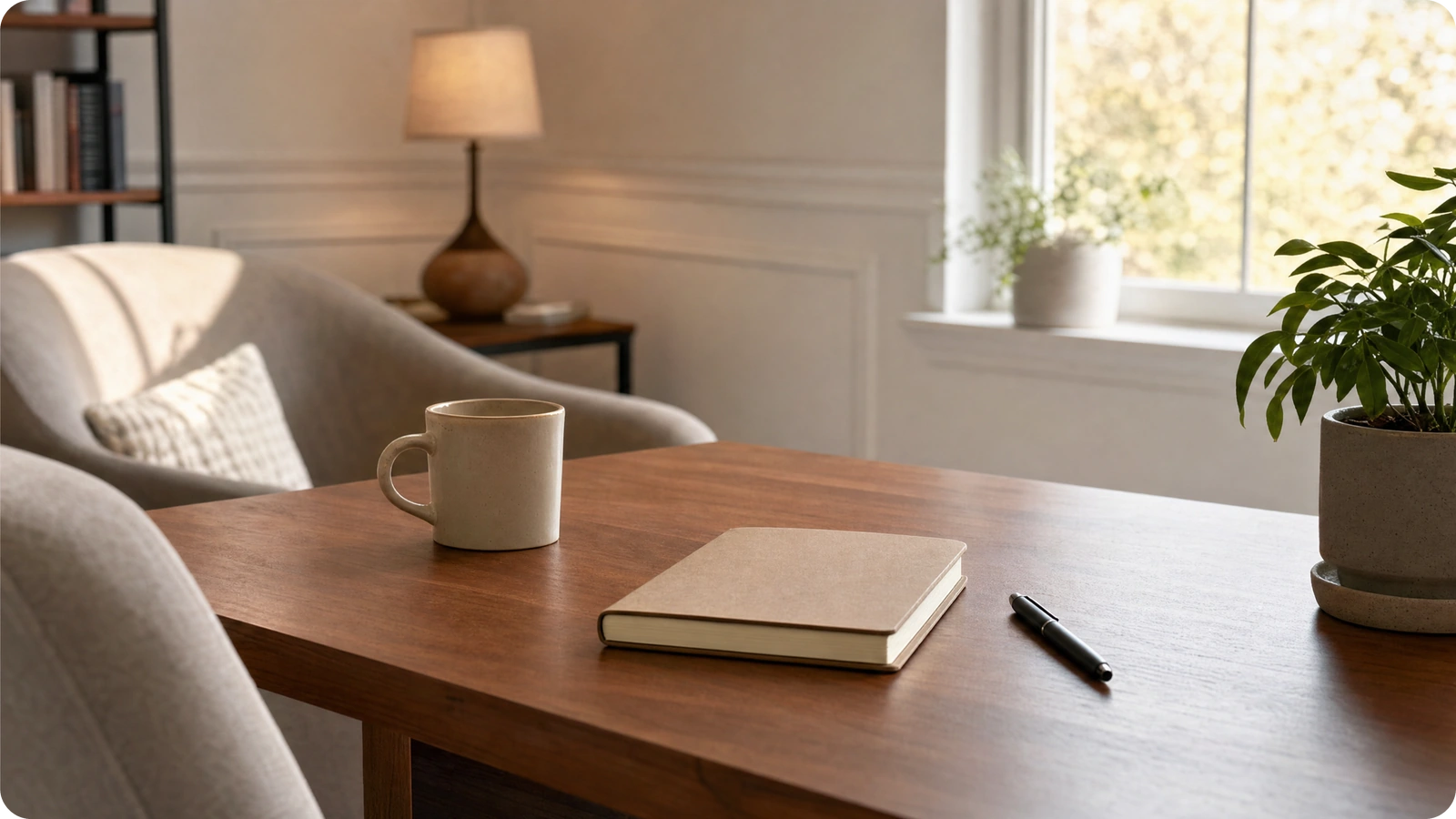 Therapist Burnout: Do You Need Rest, Support, or Redesign? 2 Quiet therapy office desk with notebook, mug, pen, and plant