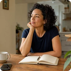 A reflective woman pausing at a kitchen table