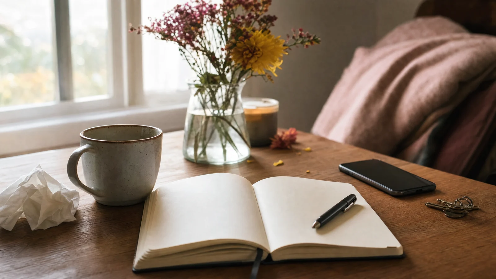An open notebook, mug, phone, keys, and tissue on a quiet table