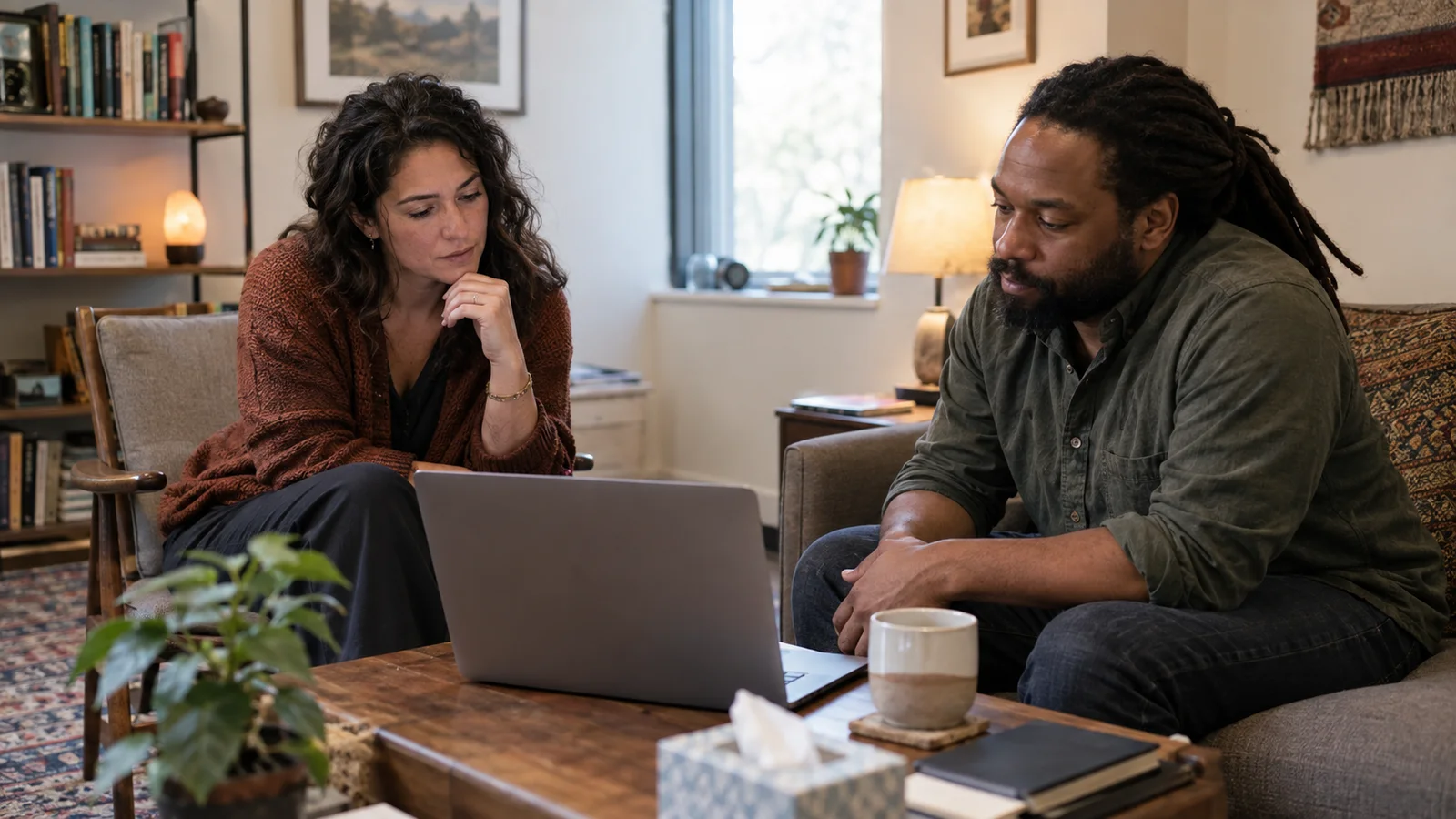 AI in Therapy: How Therapists Can Respond to AI Self-Diagnosis 1 A therapist and client quietly review AI-generated material together on a laptop.